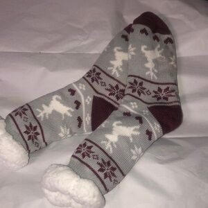 Cozy Grey and Maroon Reindeer Pattern Socks
